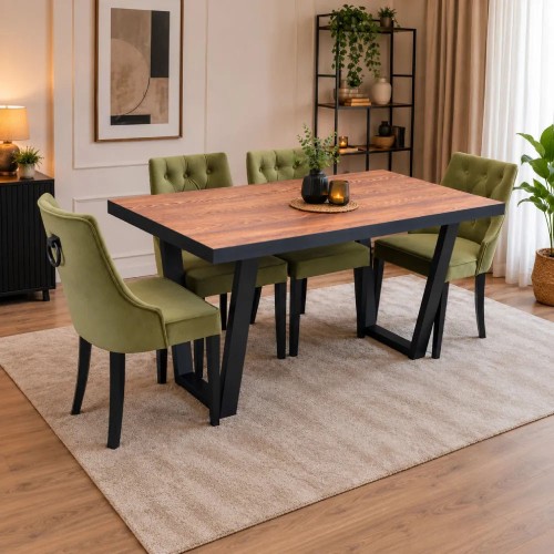  Zestaw - Stół rozkładany loftowy 160/260 METAL – NOGI TRAPEZ + 4 Krzesła z kołatką – GLAMOUR
