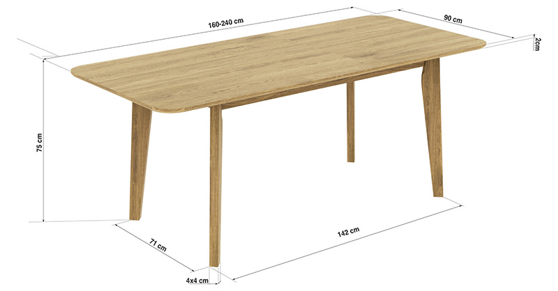 stół rozkładany drewniany artis 90x160/240 - fornir dębowy - wymiary