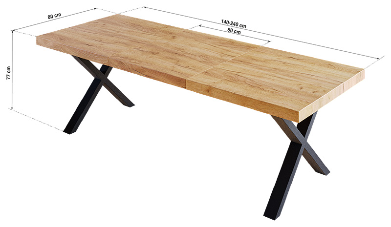 stół rozkładany loftowy 140x80 - metalowe nogi x - wymiary